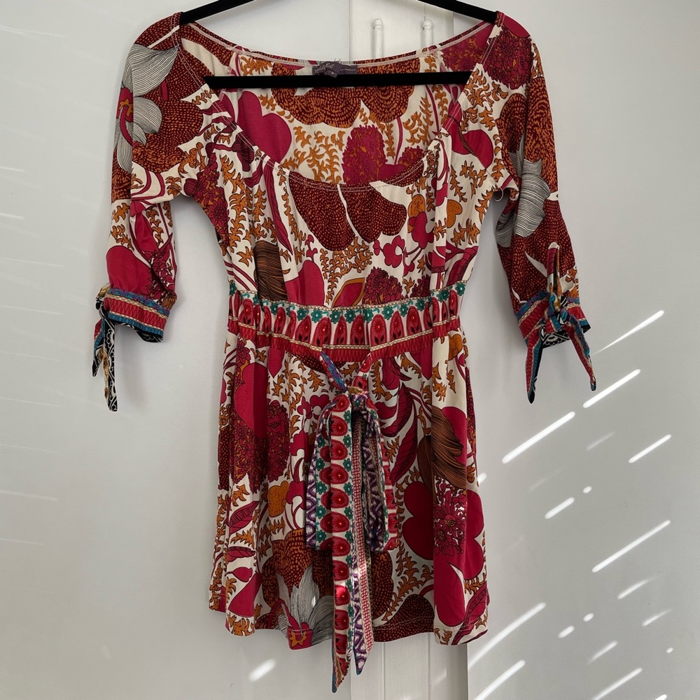 Hale Bob Colorful Silk Top with Ties at the Arms and Waist, Size S US